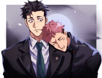 Rule 34 | 2boys, black hair, black jacket, border, closed eyes, closed mouth, collared shirt, commentary, commentary request, english commentary, geyuuweo, gift art, green necktie, head on another's shoulder, highres, higuruma hiromi, itadori yuuji, jacket, jujutsu kaisen, looking at another, male focus, multicolored hair, multiple boys, necktie, outside border, pink hair, scar, scar on face, scar on lip, shirt, short hair, suit jacket, twitter username, two-tone hair, undercut, white border, white shirt