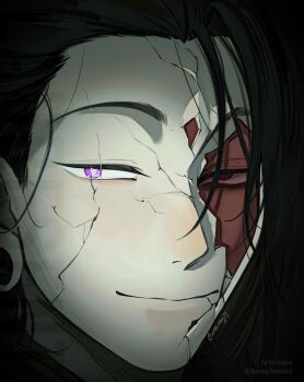 Rule 34 | 1boy, absurdres, black background, black hair, broken mask, close-up, closed mouth, crack, cracked kawaii mask, cracked mask, getou suguru, hair pulled back, highres, jujutsu kaisen, lauresent, looking at viewer, male focus, mask, plug (piercing), purple eyes, simple background, solo, twitter username