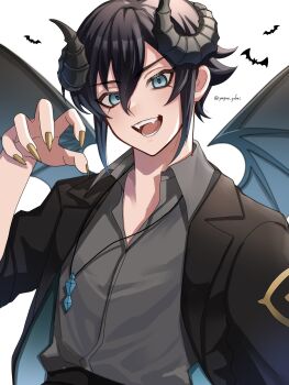 Rule 34 | 1boy, artist name, bat wings, black hair, black horns, black jacket, blue eyes, claws, commentary request, curled horns, grey shirt, highres, horns, jacket, jewelry, looking at viewer, monster boy, necklace, open clothes, open jacket, open mouth, sakami haruya, shirt, short hair, simple background, solo, teeth, white background, wings, yagne yokai, yellow nails, youkai watch, youkai watch shadowside