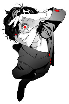 Rule 34 | 1boy, amamiya ren, banijustice, buttons, commentary, crew neck, english commentary, greyscale, highres, jacket, lapels, layered sleeves, long sleeves, looking at viewer, male focus, monochrome, notched lapels, ok sign, ok sign over eye, pants, persona, persona 5, red eyes, school uniform, shirt, shoes, shuujin academy school uniform, simple background, smile, solo, spot color, white background, wide-eyed