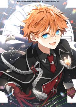 1boy akehoshi_subaru black_jacket blue_eyes commentary_request ensemble_stars! gloves hair_between_eyes jacket long_sleeves looking_at_viewer male_focus necktie official_alternate_costume open_mouth orange_hair outstretched_arm red_gloves red_necktie short_hair smile solo tassel tongue trianon upper_body