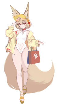 1girl :3 animal_ears arm_tattoo arm_up armpit_peek armpits bag bare_legs bare_shoulders blonde_hair blush bob_cut breasts contrapposto cosplay eyeshadow fennec_fox fox_ears fox_girl fox_tail full_body gluteal_fold hair_ornament highres jacket jacket_partially_removed knees large_tail lenneth_liangzhou leotard looking_at_viewer makeup nail_polish navel one-piece_swimsuit pale_skin pubic_tattoo raised_eyebrow red_eyes red_eyeshadow sandals seductive_smile see-through_clothes see-through_leotard seia_(blue_archive) seia_(blue_archive)_(cosplay) short_hair slit_pupils small_breasts smile smirk smug solo standing stomach_tattoo suiin_(suiinsea) sunglasses swimsuit tail tattoo thick_eyebrows thick_thighs thigh_gap thighs toenail_polish toenails visor_cap wide_hips