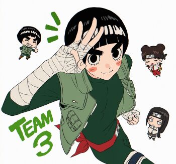 bandaged_hand bandaged_leg bandages belt black_eyes black_hair black_headband black_shirt blunt_bangs blush_stickers bodysuit bowl_cut brown_hair chibi chibi_inset clenched_hand closed_eyes crossed_arms double_bun english_text flak_jacket green_bodysuit green_vest grey_eyes grin hair_bun headband highres hyuuga_neji jacket konohagakure_shinobi_uniform konohagakure_symbol light_blush long_hair low-tied_long_hair m0_mo_momo male_focus might_guy naruto_(series) no_pupils open_mouth pants parted_bangs red_belt red_pants rock_lee shirt short_hair smile tenten_(naruto) thick_thighs thighs thumbs_up vest white_jacket white_shirt