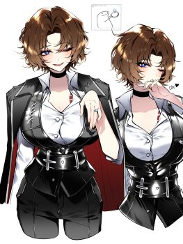 1girl absurdres alternate_hair_length alternate_hairstyle belt black_vest blue_eyes breasts bright_pupils brown_hair cherry_oux chest_tattoo collared_shirt commentary english_commentary highres jewelry large_breasts leather leather_vest limbus_company looking_at_viewer one_eye_closed project_moon ring rodion_(project_moon) shirt simple_background smile solo tattoo vest wedding_ring white_background white_pupils white_shirt