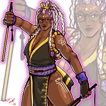 1girl bodypaint braid breasts curvy dark-skinned_female dark_skin dolores_(kof) glasses green_eyes huge_breasts large_breasts long_hair multicolored_hair ninja purple_hair round_eyewear shiranui_mai standing taurence_bell the_king_of_fighters thick_thighs thighs toned toned_female two-tone_hair white_hair
