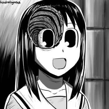 Rule 34 | 1girl, :d, artist name, azumanga daioh's school uniform, azumanga daiou, greyscale, hendraibyouka, highres, hole in head, kasuga ayumu, long hair, monochrome, open mouth, sailor collar, school uniform, smile, solo, uzumaki