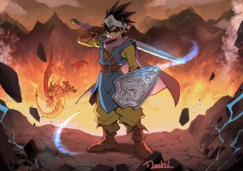 Rule 34 | absurdres, artist name, black hair, blue tunic, boots, brown boots, brown gloves, cloak, closed mouth, crater, dragon quest, dragon quest iii, forehead protector, full body, furrowed brow, gem, gloves, green gemstone, hero (dq3), highres, holding, holding shield, holding sword, holding weapon, male focus, mochi mangaka, monster, over shoulder, pants, pink cloak, shield, shirt, short hair, spiked hair, sword, sword over shoulder, tunic, weapon, weapon over shoulder, yellow pants, yellow shirt