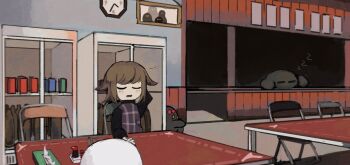 1girl analog_clock arm_up bow brown_hair chair clock closed_eyes commentary_request creature folding_chair hair_flaps highres indoors iyomani long_sleeves on_chair open_mouth purple_sweater red_bow refrigerator short_hair sitting sleeping solo soy_sauce_bottle squeans sweater table tissue_box turtleneck turtleneck_sweater urotsuki wall_clock yume_2kki zzz