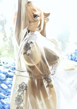 1girl absurdres arm_up blonde_hair blue_eyes breasts commentary dress english_commentary floral_print highres kaneko_lumi large_breasts long_hair navel nipples phase_connect pupi_(rain_prophet) see-through_clothes see-through_dress smile solo virtual_youtuber