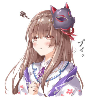 Rule 34 | 1girl, :t, ayaro (genkiloobaii), blunt bangs, blush, braid, brown hair, clenched hand, closed mouth, commentary, cropped torso, crown braid, embarrassed, eyelashes, eyes visible through hair, fox mask, heaven burns red, highres, kiryuu miya, long hair, looking ahead, mask, mask on head, mole, mole under eye, motion lines, neck ribbon, pout, purple ribbon, red eyes, ribbon, shirt, simple background, solo, squiggle, tassel, upper body, white background, white shirt