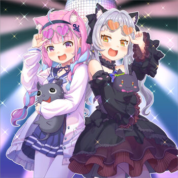 2girls :d adjusting_eyewear ahoge anchor_hair_ornament animal_ear_fluff animal_ears bare_shoulders black_dress black_sleeves blue_choker blue_hair blue_hairband blue_sailor_collar blue_skirt blue_streaks blunt_bangs blush braid braided_twintails cat_ears center_frills choker commentary_request cowboy_shot criss-cross_halter detached_sleeves diffraction_spikes disco_ball dress fanged_bangs frilled_choker frilled_dress frilled_ribbon frilled_sailor_collar frills gothic_lolita grey_hair hair_ornament hair_ribbon hairband halter_dress halterneck hand_on_eyewear haniwa_(leaf_garden) heart heart-shaped_eyewear highres hololive jacket juliet_sleeves layered_dress lolita_fashion long_hair long_sleeves looking_at_viewer minato_aqua minato_aqua_(sailor) miniskirt multicolored_hair multiple_girls murasaki_shion murasaki_shion_(gothic_lolita) neko_(minato_aqua) official_alternate_costume official_alternate_hairstyle open_mouth orange-tinted_eyewear pantyhose pink-tinted_eyewear pink_hair pleated_skirt puffy_sleeves purple_pantyhose ribbon ribbon_choker sailor_collar sailor_shirt shiokko_(murasaki_shion) shirt short_dress short_eyebrows skirt sleeveless sleeveless_dress smile sparkle textless_version tinted_eyewear twin_braids twintails two-tone_hair virtual_youtuber white_jacket white_pantyhose white_shirt yellow_eyes