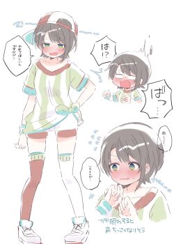 1girl blue_eyes blush brown_hair hat highres hololive looking_at_viewer mimori_(mim0_ri) oozora_subaru oozora_subaru_(1st_costume) open_mouth red_hat red_thighhighs shirt solo thighhighs tied_shirt virtual_youtuber white_thighhighs yellow_shirt