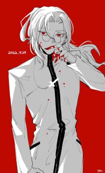 1boy 2022 blood blood_on_clothes blood_on_face blood_on_hands cross cross_necklace earrings floating_hair furururu glasses highres jewelry long_hair looking_at_viewer male_focus michael_roa_valdamjong michael_roa_valdamjong_(human) monochrome necklace ponytail priest red_eyes standing tsukihime tunic vampire wavy_hair