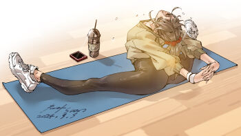 Rule 34 | 1girl, ass, black unitard, brown hair, closed eyes, flexible, full body, highres, interlocked fingers, nabipenciller, on floor, original, ponytail, shoes, sneakers, solo, split, stretching, sweat