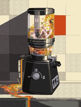 abstract absurdres blender_(object) blood caratquex checkered_background colorful english_text flower highres in_blender machine original pool_of_blood sunflower surreal