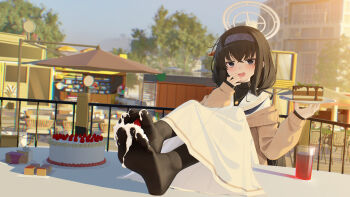 1girl absurdres birthday_cake black_eyes black_hair black_pantyhose blue_archive blue_hairband blush cake crossed_bangs cup day feet feet_on_table food food_on_foot foot_focus full_body grey_halo hair_between_eyes hairband halo han_(hehuihuihui) hands_up highres holding holding_plate long_hair long_skirt long_sleeves no_shoes open_mouth outdoors pantyhose plate pleated_skirt sailor_collar sitting skirt sleeves_past_wrists soles suggestive_fluid toes ui_(blue_archive) undershirt variant_set white_sailor_collar white_skirt