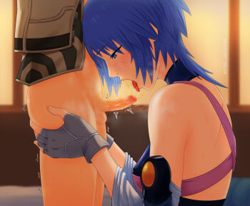 1boy 1girl age_difference aqua_(kingdom_hearts) blue_eyes blue_hair blush bottomless breasts fellatio fingerless_gloves gloves half-closed_eyes hetero kingdom_hearts kingdom_hearts_birth_by_sleep medium_breasts onee-shota oral saliva saliva_trail shota stradivarius sweat tagme tongue tongue_out twitching ventus_(kingdom_hearts)
