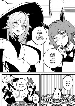 2girls absurdres animal_ears apron blush bow breast_curtains breasts commentary detached_sleeves double-parted_bangs elf english_commentary english_text familiar greyscale hair_between_eyes hat highres horse_ears horse_girl large_breasts long_hair long_sleeves looking_at_viewer magic_circle maid maid_apron mirui09 monochrome multiple_girls open_mouth original parted_bangs pointy_ears revealing_clothes short_hair skirt speech_bubble summoning talking thighhighs