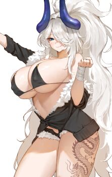 1girl absurdres arm_up artist_request bandaged_wrist bandages bare_shoulders bikini bikini_top_only black_bikini black_jacket black_shorts blue_eyes blue_horns breasts cleavage clenched_hand closed_mouth commentary_request commission cutoffs dragon_tattoo dungeon_and_fighter fang fur-trimmed_jacket fur_trim hair_between_eyes hair_intakes hair_over_one_eye hand_up high_ponytail highres horns huge_breasts jacket korean_commentary leg_tattoo long_hair looking_ahead micro_shorts o-ring o-ring_bikini o-ring_top open_clothes open_jacket original outstretched_arm ponytail second-party_source shorts sideboob simple_background single_off_shoulder skin_fang skindentation slit_pupils smile solo standing string_bikini swimsuit tattoo thighs three-quarter_sleeves underboob very_long_hair white_background white_hair