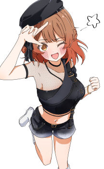 1girl absurdres black_hat black_shirt black_shorts blush boots breasts brown_eyes brown_hair collarbone commentary_request gakuen_idolmaster hanami_ume hat highres idolmaster large_breasts looking_at_viewer medium_hair one_eye_closed open_mouth partial_commentary shirt shorts simple_background solo urishima white_background white_boots