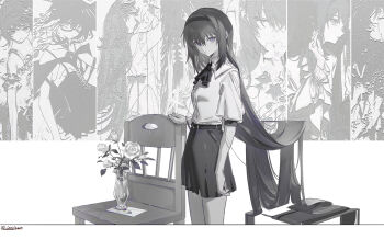 Rule 34 | 1girl, akemi homura, ascot, black ascot, black hair, black hairband, black skirt, bouquet, chair, chinese commentary, collared shirt, commentary request, feet out of frame, flower, grey pantyhose, grey shirt, hair flowing over, hairband, highres, inoriac, long hair, mahou shoujo madoka magica, miniskirt, muted color, pantyhose, pleated skirt, purple eyes, robe, shirt, skirt, standing, vase, white robe