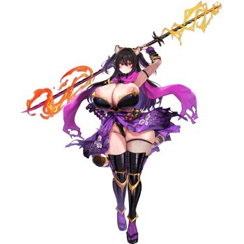 1girl animal_ear_fluff animal_ears areola_slip armor armpits black_hair black_leotard breasts bursting_breasts cleavage cleavage_cutout closed_mouth clothing_cutout double_blade electricity fire fishnet_sleeves fishnet_thighhighs fishnets flaming_sword flaming_weapon floral_print floral_print_kimono full_body fur-trimmed_armor fur_trim geta gigantic_breasts gold_trim hair_between_eyes highleg highleg_leotard highres holding holding_sword holding_weapon japanese_armor japanese_clothes kaenuco kimono kote kunoichi_shiden kurokote last_origin leotard long_hair looking_at_viewer mole mole_on_breast mole_on_thigh multicolored_hair ninja non-web_source official_alternate_costume official_art print_kimono purple_hair purple_kimono purple_scarf red_eyes scarf simple_background single_thighhigh skindentation solo standing suneate sword tabi tail thick_thighs thighhighs thighs tiger_ears tiger_girl tiger_tail torn_clothes torn_kimono torn_scarf transparent_background two-tone_hair two_side_up v-shaped_eyebrows weapon