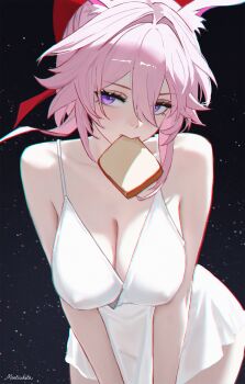 1girl absurdres alternate_costume animal_ears artist_name bare_shoulders bread bread_slice breasts cleavage commentary dress evanescia_(honkai:_star_rail) food food_in_mouth fox_ears fox_girl highres honkai:_star_rail honkai_(series) large_breasts moetsukita mouth_hold pink_hair purple_eyes sky solo star_(sky) starry_sky toast toast_in_mouth white_dress