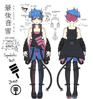 1girl arm_tattoo bare_shoulders black_boots black_jacket black_tank_top blue_hair blue_pants boots character_name closed_mouth commentary danganronpa_(series) ear_piercing earrings english_commentary english_text eyelashes face_piercing facial_tattoo from_behind full_body hair_ornament hairpin headphones headphones_around_neck highres jacket jewelry lattecos mismatched_eyebrows mouth_piercing multicolored_hair multiple_views off_shoulder open_clothes open_jacket original pants piercing pink_eyes pink_hair reference_sheet ringed_eyes saigone_hibiki_(lattecos) short_hair simple_background standing straight-on tank_top tattoo thick_eyebrows twitter_username two-tone_hair undercut very_short_hair white_background