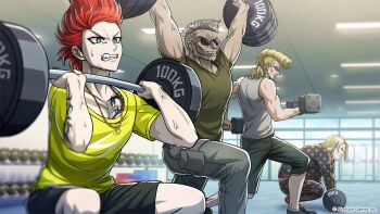 4boys absurdres arm_tattoo arms_up artist_request beard black_jacket black_pants black_shorts blonde_hair blue_eyes chest_tattoo clenched_teeth copyright_notice dumbbell exercising facial_hair fat fat_man green_shirt green_shorts grey_hair grey_pants grey_shirt gym highres indoors jacket jewelry male_focus medium_hair multiple_boys muscular muscular_male necklace object_through_head official_art pants polka_dot polka_dot_jacket polka_dot_pants pompadour print_shirt red_hair saigo_roku screw_in_head shirt short_hair shorts sleeveless sleeveless_shirt squatting sunglasses sweat taiga_(tribe_nine) tatsunuma_tatsuto tattoo teeth todoroki_eiji_(tribe_nine) tribe_nine weightlifting yellow_shirt