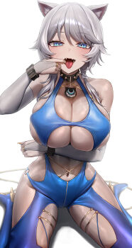 1girl absurdres alternate_costume animal_ear_fluff animal_ears arm_under_breasts bare_shoulders blue_eyes blush bow breasts bridal_gauntlets cat_ears cat_girl choker cipher_(honkai:_star_rail) commentary commission english_commentary fangs grey_hair hair_bow high_heels highres honkai:_star_rail honkai_(series) large_breasts looking_at_viewer medium_hair monegi navel open_mouth pixiv_commission simple_background sitting skindentation solo spiked_choker spikes thighs tongue tongue_out underboob wariza white_background white_bow yellow_nails
