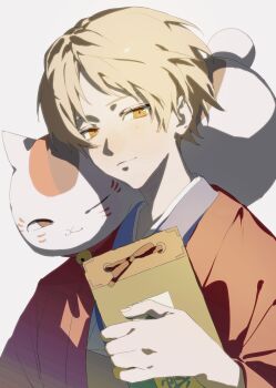 Rule 34 | 1boy, 333takoyaki, absurdres, animal, animal on shoulder, blonde hair, brown eyes, cat, cat on shoulder, closed mouth, commentary request, envelope, facial mark, highres, holding, holding envelope, japanese clothes, kimono, male focus, multicolored cat, natsume takashi, natsume yuujinchou, nyanko-sensei, one eye closed, parted hair, red kimono, simple background, smile, upper body, whisker markings, white background, yellow eyes