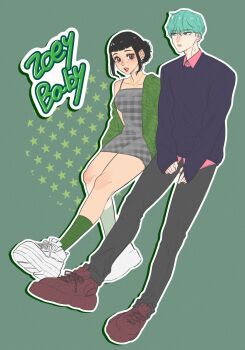 1boy 1girl absurdres aqua_hair baby_(kpop_demon_hunters) black_hair brown_eyes character_name dress freckles full_body green_background green_socks highres kpop_demon_hunters oolelele pink_shirt shirt shoes short_bangs short_hair sidelocks simple_background sneakers socks sweater zoey_(kpop_demon_hunters)