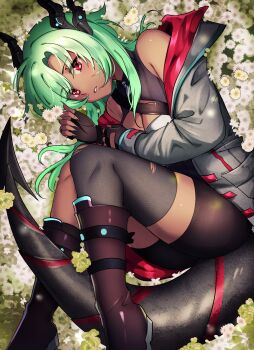 Rule 34 | 1girl, absurdres, bare shoulders, black boots, black gloves, black thighhighs, boots, breasts, cleavage, commentary, dark-skinned female, dark skin, english commentary, fetal position, flower, full body, gift art, gloves, green hair, grey jacket, highres, horns, jacket, jacket partially removed, long hair, looking at viewer, lying, medium breasts, on ground, on side, original, parted bangs, parted lips, red eyes, ryuuxin, single thighhigh, solo, tail, thighhighs, torn clothes, torn thighhighs, white flower