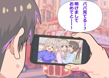 1boy 3girls :d absurdres ahoge artist_name black_hair blue_shirt blue_sweater bus closed_eyes commentary_request copyright_name double-decker_bus father_and_daughter grey_hair hair_between_eyes hair_ornament hair_ribbon hairclip highres holding holding_phone hug long_hair male-female_symbol mother_and_daughter motor_vehicle multicolored_hair multiple_girls onii-chan_wa_oshimai! open_mouth oyama_mahiro oyama_matsuri oyama_mihari phone pink_hair pink_shirt purple_hair red_ribbon ribbon robomito selfie shirt siblings sisters smile speech_bubble sweatdrop sweater translated turtleneck turtleneck_sweater twintails two-tone_hair video_call wavy_mouth