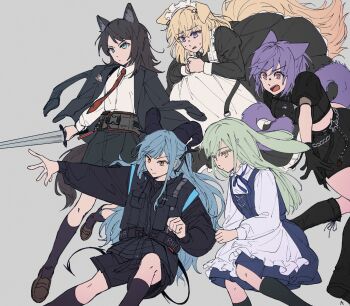 Rule 34 | 5girls, animal ears, arknights, ave mujica (bang dream!), bang dream!, bang dream! it's mygo!!!!!, black boots, black dress, black gloves, black hair, black jacket, black shirt, black shorts, black skirt, black socks, blonde hair, blue dress, blue eyes, blue hair, boots, brown eyes, brown shoes, cat girl, cat tail, closed mouth, clothes tug, commentary, crop top, dog ears, dog girl, dog tail, dress, english commentary, fang, gloves, green hair, grey background, hair ornament, hairclip, highres, holding, holding sword, holding weapon, horns, jacket, jacket on shoulders, juliet sleeves, loafers, long hair, long sleeves, maid headdress, medium hair, misumi uika, misumi uika (perro), multiple girls, necktie, nemuireii, open mouth, pinafore dress, pink eyes, puffy short sleeves, puffy sleeves, purple hair, rabbit ears, rabbit girl, red necktie, shirt, shoes, short hair, short sleeves, shorts, sidelocks, simple background, skirt, sleeveless, sleeveless dress, socks, sword, tail, teeth, togawa sakiko, togawa sakiko (sarkaz), upper teeth only, wakaba mutsumi, wakaba mutsumi (cautus), weapon, white shirt, wolf ears, wolf girl, yahata umiri, yahata umiri (lupo), yellow eyes, yuutenji nyamu, yuutenji nyamu (feline)