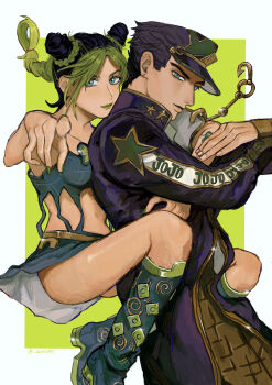 1boy 1girl absurdres aoiro0401 black_hair braid breasts bun_with_braided_base comic_cover_redraw cone_hair_bun crop_top derivative_work double_bun father_and_daughter green_hair green_lips hair_bun hat highres jojo_no_kimyou_na_bouken kuujou_jolyne kuujou_joutarou lipstick makeup multicolored_hair smile star_(symbol) stone_ocean two-tone_hair