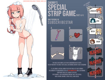 1girl 3: absurdres arrow_through_heart bare_legs black_shoes blue_eyes blunt_bangs broken_bone cherry_(tobias_wheller) collarbone commentary convenient_censoring english_commentary english_text flat_chest frown full_body hair_down highres leaning_forward long_hair looking_at_viewer original panties pink_hair pink_panties razor safety_razor shoes shower_head showering simple_background sneakers soap_bubbles soap_censor solo standing subscribestar_username tobias_wheller topless_female twitter_strip_game underwear underwear_only water water_drop wet white_background