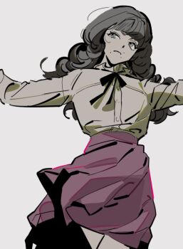 1girl black_ribbon brown_eyes brown_hair closed_mouth fear_&amp;_hunger_(series) fear_&amp;_hunger_2:_termina grey_eyes grey_hair looking_to_the_side marina_(fear_&amp;_hunger) neck_ribbon pankepen pink_skirt pleated_skirt ribbon shirt simple_background skirt solo white_background white_shirt