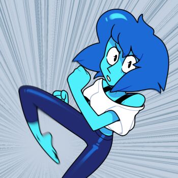 1girl alternate_costume barefoot blue_hair blue_skin colored_skin crop_top discount-supervillain gem_(steven_universe) imminent_kick lapis_lazuli_(steven_universe) looking_at_viewer shirt short_hair solo steven_universe