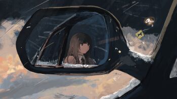 Rule 34 | 1girl, 62 retas, absurdres, black eyes, black hair, black necktie, blunt bangs, brown eyes, brown hair, car, car interior, closed mouth, collared shirt, driving, expressionless, frost, highres, long hair, mirror, motor vehicle, necktie, original, outdoors, reflection, road, road sign, seatbelt, shirt, sign, snow, snowing, solo, steering wheel, warning sign, white shirt, winter