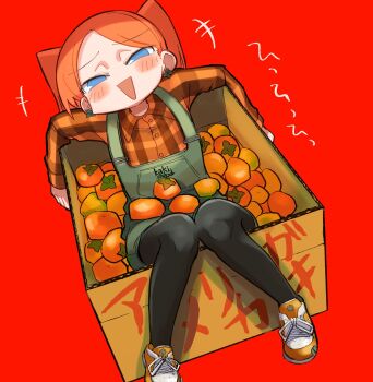 1girl :d black_leggings blue_eyes blush box cardboard_box collared_shirt commentary_request earrings food fruit grief_loss highres jewelry leggings no_nose open_mouth original overall_shorts overalls persimmon plaid_clothes plaid_shirt red_background red_hair red_shirt shirt shoes simple_background smile smug solo twintails