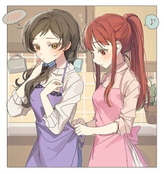 2girls absurdres apron behind_another blush border breasts brown_hair closed_mouth commentary_request dot_nose eighth_note eyelashes front-to-back hair_over_shoulder hano9789 high_ponytail highres idolmaster idolmaster_million_live! indoors kitazawa_shiho kitchen korean_commentary lone_nape_hair long_hair long_sidelocks low_ponytail multiple_girls musical_note parted_bangs pink_apron ponytail purple_apron red_eyes red_hair sidelocks spoken_blush spoken_musical_note standing sweatdrop sweater tanaka_kotoha tying_apron white_border yellow_eyes