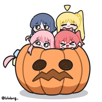 &gt;_&lt; 4girls :d absurdres ahoge blonde_hair blue_eyes blue_hair bocchi_the_rock! bow bowtie closed_eyes closed_mouth commentary detached_ahoge gotoh_hitori green_eyes highres ijichi_nijika kessoku_band kita_ikuyo long_hair looking_at_viewer lulalang mini_person minigirl mole mole_under_eye multiple_girls one_side_up open_mouth pink_hair pumpkin red_bow red_bowtie red_hair simple_background smile symbol-only_commentary white_background yamada_ryo