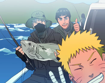 Rule 34 | 4boys, black gloves, black hair, black mask, blunt bangs, boat, bowl cut, closed eyes, facial mark, fingerless gloves, fish, fishing, fishing rod, geonseung, gloves, green vest, grey hair, grin, hatake kakashi, holding, holding fishing rod, male focus, mask, might guy, mouth mask, multiple boys, naruto (series), on boat, open mouth, scar, scar across eye, scar on face, short hair, smile, teeth, thick eyebrows, thumbs up, uchiha sasuke, uzumaki naruto, vest, watercraft, whisker markings