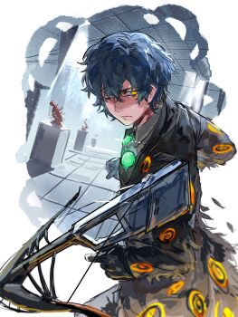 1boy art_gallery black_coat black_gloves black_pants blue_hair bow_(weapon) closed_mouth coat collared_shirt crossbow e.g.o_(project_moon) feather_coat from_side gloves glowing glowing_eyes goggles goggles_around_neck grey_shirt highres hohenheim_(project_moon) holding holding_crossbow holding_weapon indoors lamp_(e.g.o) limbus_company long_sleeves looking_at_viewer male_focus messy_hair pants project_moon rowsic shirt short_hair solo weapon yellow_eyes