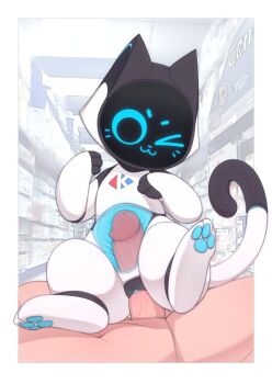 >_o 1girl :3 android animal_ears animal_hands animalization anus bestiality blue_eyes carrefour cat cat_ears cat_tail eyebrows facing_viewer furry furry_female girl_on_top glowing happy_sex highres joints kekitopu kerfus large_penis leg_up looking_down pawpads penis pussy robot robot_girl robot_joints sex size_difference smile spread_legs tail thighs uncensored vaginal veins veiny_penis x-ray