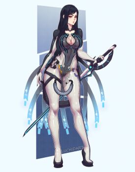 1girl black_hair blue_eyes bodysuit breasts cleavage cleavage_cutout clothing_cutout grey_bodysuit highres holding holding_sword holding_weapon long_hair luchidart parted_lips raven_(stellar_blade) raven_suit_(stellar_blade) stellar_blade swept_bangs sword weapon