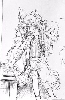 2girls aihara-rina apron ascot blush bow braid chinese_commentary commentary_request crying crying_with_eyes_open detached_sleeves frilled_bow frilled_hair_tubes frills gloves greyscale hair_bow hair_tubes hakurei_reimu hat hat_bow kirisame_marisa kiss kissing_cheek long_hair monochrome multiple_girls partially_fingerless_gloves ribbon-trimmed_sleeves ribbon_trim side_braid single_braid sitting sketch skirt tears touhou waist_apron witch_hat yuri