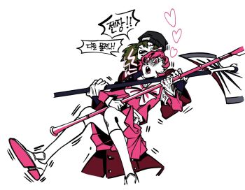 1boy 1girl aragaki_shinjirou armband axe beanie brown_hair coat commentary_request gekkoukan_high_school_uniform hat heart holding holding_weapon korean_commentary korean_text long_hair long_sleeves looking_at_another mun5649 open_mouth persona persona_3 persona_3_portable pink_eyes pink_hair pink_shirt pink_skirt pleated_skirt red_coat school_uniform shaded_face shiomi_kotone shirt short_hair simple_background skirt status_effect translation_request weapon white_background