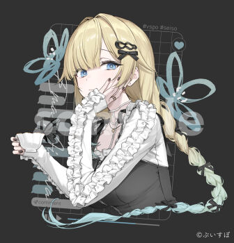 aizawa_ema black_background black_nails black_ribbon blonde_hair blue_eyes braid braided_ponytail breasts closed_mouth commentary_request copyright_notice cropped_torso cup fingerless_gloves frilled_sleeves frills frown gloves hair_ornament hair_ribbon hand_on_own_face highres holding holding_cup long_hair looking_at_viewer low_ponytail medium_breasts official_alternate_costume ponytail ribbon shirt side_part sleeves_past_wrists usuke_(u_skeeep) virtual_youtuber vspo! white_shirt